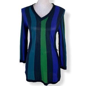Philosophy Striped Knit Tunic Top Size S Blue Green Black V Neck Retro Y2K‎